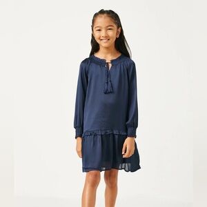 Hayden Girls Smocked Satin Dress Navy Size Large Tie Neck Long Sleeve